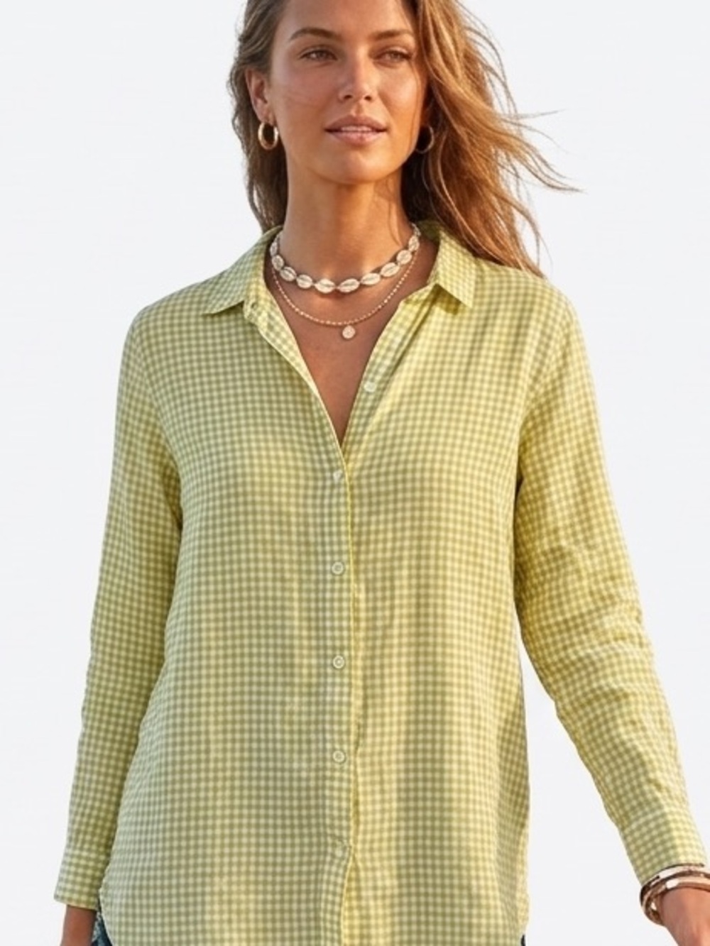 J Jill M love linen 100% linen lime gingham button up blouse
